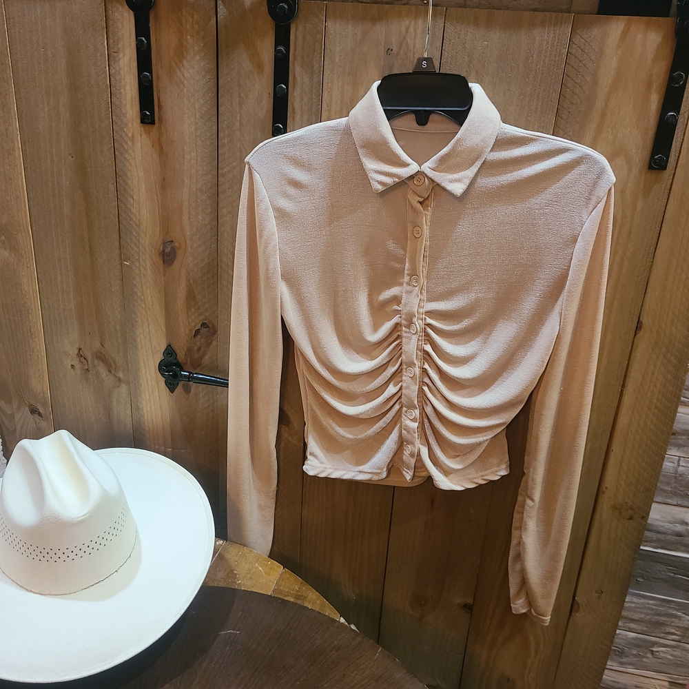 Ruched Button-Front Long Sleeve Top in Beige